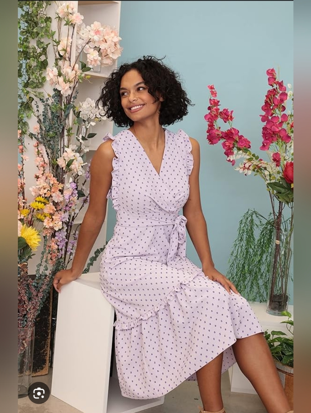 London Times Sleeveless Lavender Polka Dot Wrap Dress with Ruffle Hem
